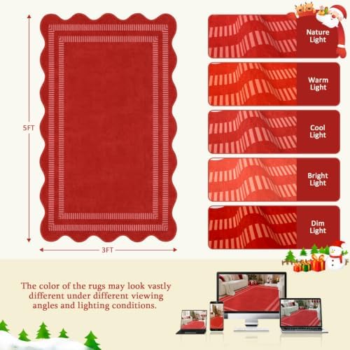 Washable 3x5 Christmas Rug, Soft Non Slip Indoor Door Mat Solid Red Entryway Rugs Stain Resistant Scalloped Carpet for Bedroom Kitchen Home Office - Image 2