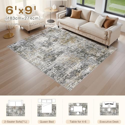 kakania Abstract 6x9 Area Rugs for Living Room: Washable Rugs Black Gold - Image 2