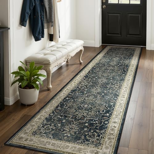 Medallion Hallway 2x8 Runner Rug, Washable Non Slip Entryway Runner Indoor, Low Pile Thin Vintage Distressed Carpet Runners 8ft for Kitchen/Bedroom Bedside/Laundry Room/Bathroom, Midnight/Multi by Jainmy