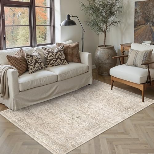 Schweek 4x6 Beige Area Rug Washable Non Slip Vintage Neutral Entryway Rugs - Image 3