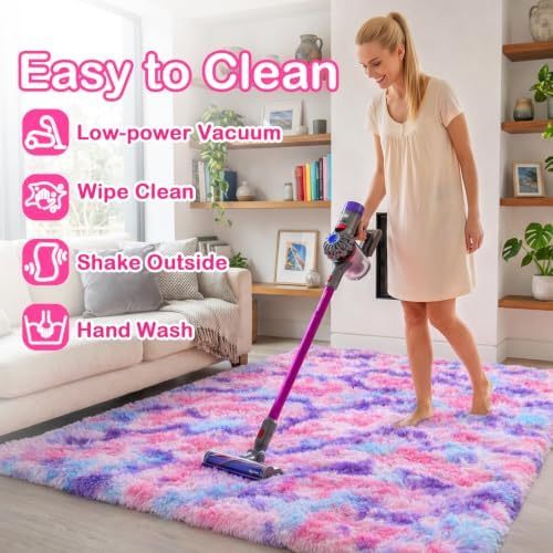 Rainbow Purple Rugs for Girls Bedroom 5x8 Ft,Fluffy Pastel Vibrant Cute Rug - Image 6