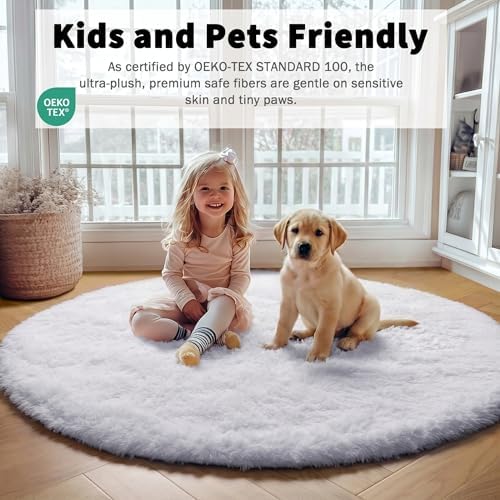 ONASAR White Round Area Rugs 5ft, Soft Bedroom Circle Rug Floor Mat for Kids Girls Boys Teen Room, Fuzzy Plush Shaggy Carpet for Baby Nursery Living Room Playroom Dorm Home Decor - Image 3