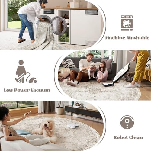Round Rugs 6ft Washable Rug, Vintage Boho Medallion Rugs Non-Slip Soft Low Pile Circle Distressed Rug Indoor Retro Carpet for Living Room Bedroom Dining Room Home Office (Taupe, 6' Round) - Image 6