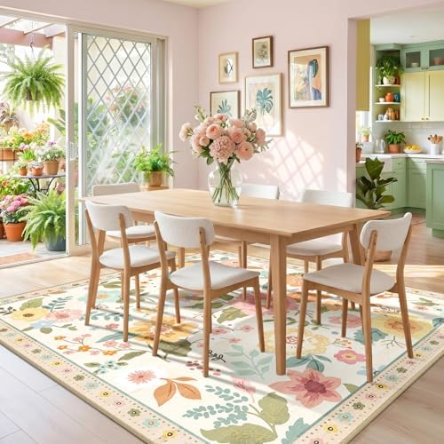 RELEANY Floral Washable Square 6ft Area Rug Beige/White/Orange - Image 2