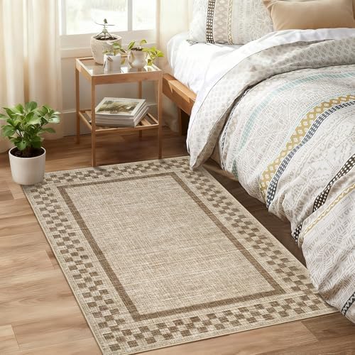 Small Area Rug 2x3 Modern Checkered Entry Rug Solid Color Scalloped Kitchen Rugs Washable Bedroom Doormat Non Slip Stain Resistant Bordered Throw Carpet for Living Room Nursery Laundry, Taupe - Image 4