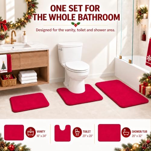 RUN HELIX Bathroom Rugs Sets 3 Piece, Soft Absorbent Memory Foam Bath Mats Set, Dry Fast Bath Mat, Machine Washable Bath Rug Set for Bathroom （Christmas Red） Bathrom Decoration - Image 4