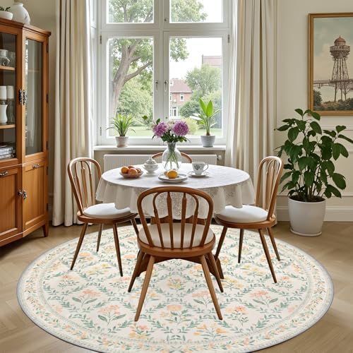 PLHXFR Round Area Rug Living Room: 6 ft Floral Washable Carpet Beige Multi - Image 4