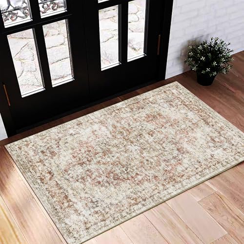 CHAMPLANT Washable Area Rug 2'x3' Door Mat Vintage Distressed Doormat Indoor Entrance Traditional Thin Rug Floral Print Non Slip Carpet for Kitchen Bathroom Bedroom Living Room by CHAMPLANT