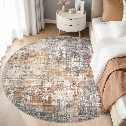 DMOYEST 8ft Round Area Rug Living Room Rugs - 8x8 Washable Large Soft Indoor Neutral Modern Abstract Low Pile Rug Carpet for Bedroom Dining Room Farmhouse Home Office - Grey Brown - Image 3