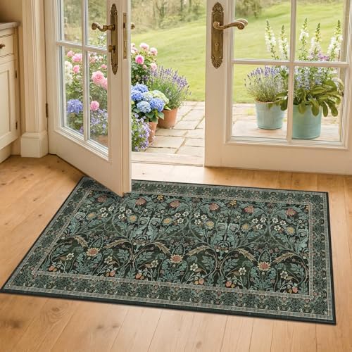Floral Rug for Entryway Indoor 2x4, Small Soft Washable Carpet for Bedroom Beside Bed, Non Slip Kitchen Area Rugs, Mudroom Decor, Low Pile & Waterproof (Dark Green) by Evyhood