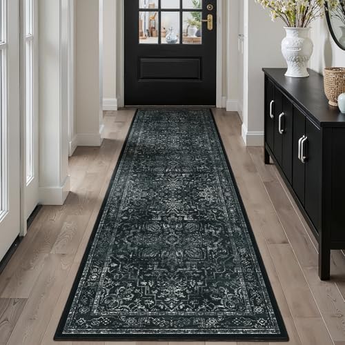 Black White 2x8 Kitchen Runner Rug, Washable Non Slip Hallway Entryway Runner Indoor, Low Pile Vintage Medallion Distressed Carpet Runners 8ft for Bedroom Bedside/Laundry Room/Bathroom by Jainmy