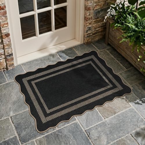 LIVEBOX Scalloped Easy Jute 2x3 Kitchen Rug, Black Front Door Mat Small Indoor Outdoor Rug for Entryway, Washable Non Slip Farmhouse Area Rugs, Tan Neutral Carpet Doormat for Porch Doorway Foyer - Image 2