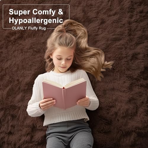 OLANLY 2x6 Machine Washable Runner Rugs for Hallway, Soft Fluffy Shaggy Bedside Rugs for Bedroom, Living Room, Indoor Floor Carpet for Kids Girls and Boys, Nursery Rooms, Home Decor Aesthetic, Coffee - Image 5