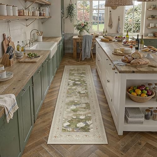 PureCozy Beige Runner Rug 2x6 Kitchen Vintage Floral Non-Slip Carpet - Image 2