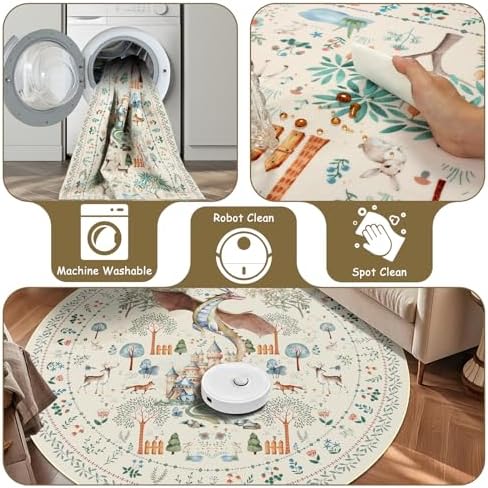 nesrt Washable Round Area Rugs for Living Room 8Ft Non Slip, Beige Dragon Forest Circle Dining Room Rugs Low Pile, Fantasy Animal Print Nursery Floor Carpets for Kids Bedroom Playroom Decor - Image 5