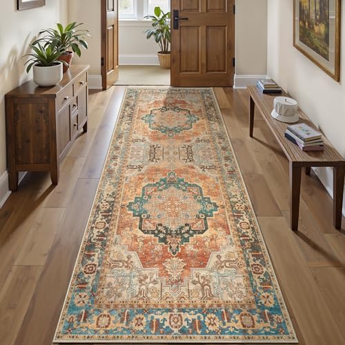 2x10 Washable Runner Rug for Hallways, Oriental Non Slip Runners Orange by Tangsoo
