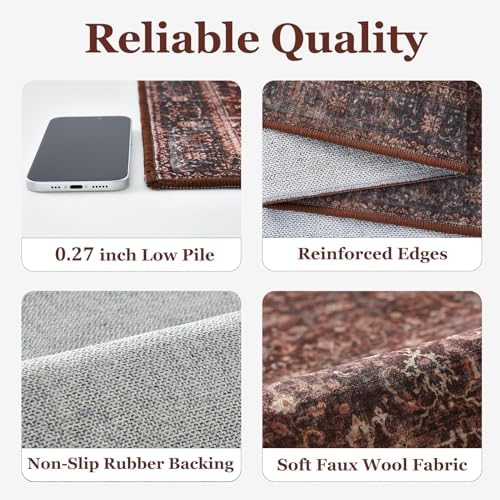 Living Room Rugs 6x8, Vintage Farmhouse Area Rugs for Bedroom Dining Room, Washable Non Slip Low Pile Thin Carpet Rug for Guest Room Home Office, Distressed Earth Tone Brick Red - Image 6