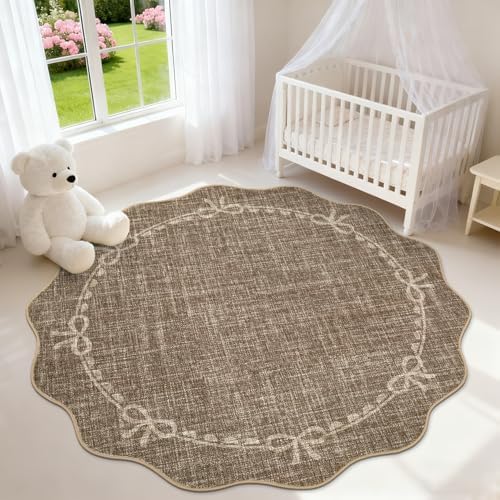 GarveeHome 5ft Round Rugs Washable Scalloped Bow Rug for Bedroom, Brown by GarveeHome