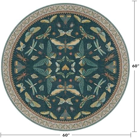 5ft Round Teal Boho Rug for Entryway, Washable Non Slip Area Carpet for Living Room & Kitchen, Vintage Insect Floral Décor, Soft Low Pile - Image 2