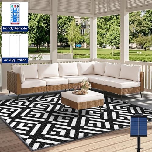 Outdoor Rug 6x9Ft, Solar Powered Outdoor Camping Rug with 94LEDs Strip Lights, Waterproof Plastic Reversible Outdoor Straw Rug, Rug Mat for RV Camping Patio Beach Balcony House Deck Picnic - Image 3