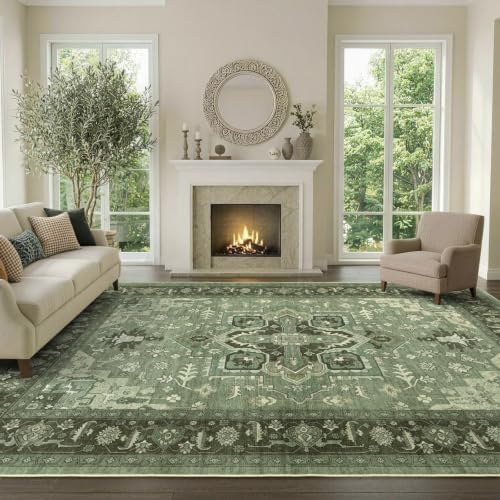 8x10 Ft Large Area Rugs for Living Room, Soft Non-Slip Machine Washable Rug, Vintage Stain Resistant Carpets for Bedroom Nursery Dining Room Home Decor (Green) - Image 2