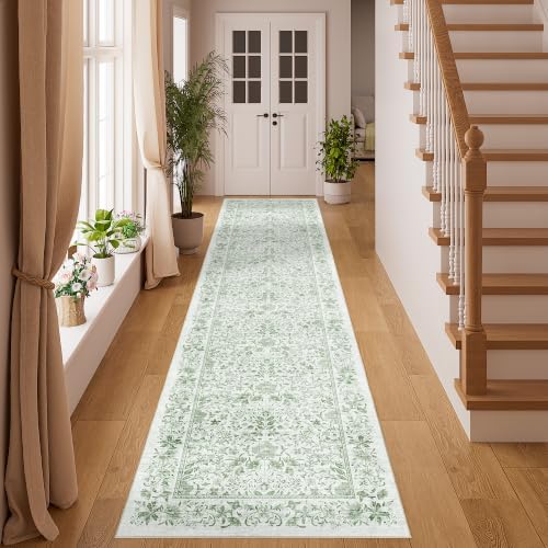 DUKINO 2x8 Runner Rug, Washable Vintage Floral Kitchen Rug, Sage Green by DUKINO