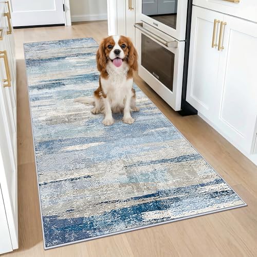 Abstract Kitchen Runner Rug 3x7 - Indoor Washable Non Slip Carpet for Entryway Hallway Stain Resistant Rugs for Bedroom Modern Abstract Lightweight Home Decor Floor Mat for Pet Owners 3x7 Blue by YOUFORTONG