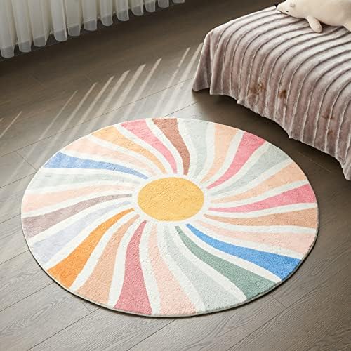 Topotdor Sun Rainbow Round Rug,Colorful Boho Kids Rug Ultra Soft Washable Nursery Rug for Bedroom Perschool Classroom,47" Round by Topotdor