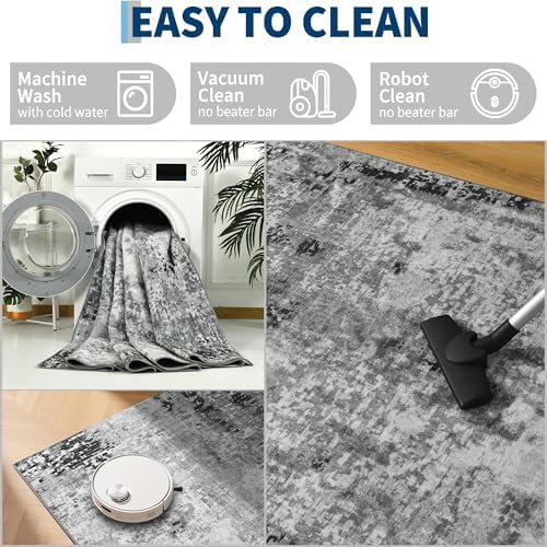 Living Room Rug 9x11 Gray Area Rugs Machine Washable Abstract Boho Large Rug Non-Slip Non-Shedding Faux Wool Indoor Vintage Carpet for Bedroom, Classroom, Dining Room, Kids Playroom - Image 4