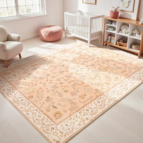 Goideal Peach Rug for Girls Room, 4x6 Floral Washable Area Rug Non Slip, Boho Low Pile Carpet with Rubber Backing for Bedroom Living Room Bathroom Playroom Nursery Office by Goideal
