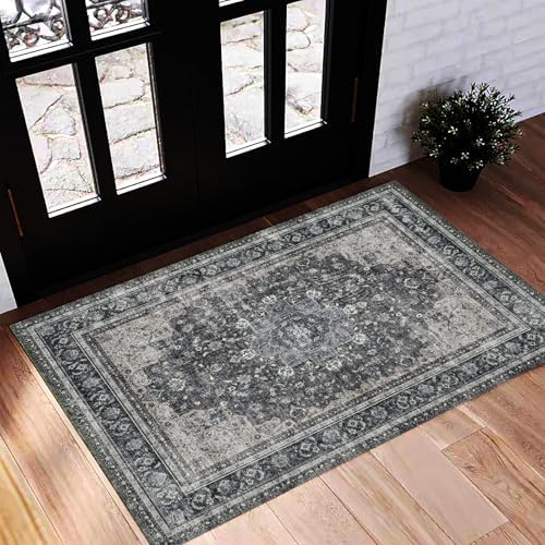 CHAMPLANT Washable Area Rug 2'x3' Door Mat Vintage Distressed Doormat Indoor Entrance Traditional Thin Rug Floral Print Non Slip Carpet for Kitchen Bathroom Bedroom Living Room by CHAMPLANT