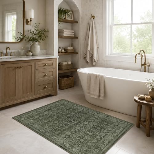 2x3 Washable Boho Entryway Area Rug Green Non-Slip Front Door Mat - Image 3