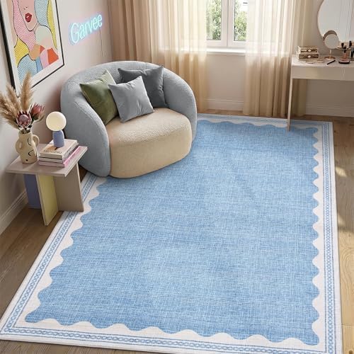 GarveeHome Scalloped 3x5 Area Rug Washable Non-Slip Low-Pile Indoor Rugs for Entryway Solid Blue Modern Minimalism Carpet for Bedroom Living Room Kitchen Bathroom Door Mat - Image 3