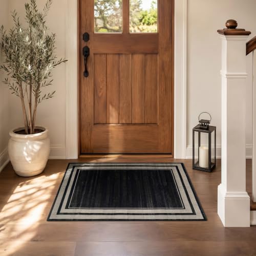 Rugshop Striped Border Machine Washable Non-Slip Area Rug, 2'x3' Black - Image 6
