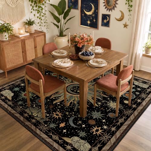 Vacuum-Friendly, Square 8ft Washable Area Rug, Black Green Blue by meejou
