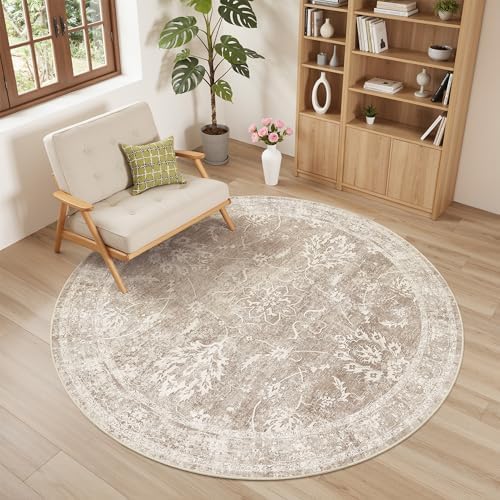 Madane Washable Round Rug 5ft for Living Room, Soft Neutral Rug Brown/Sand by Madane