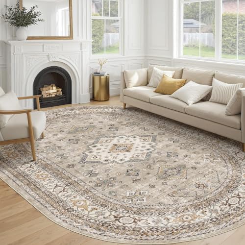 cotiled 8x12 Ellipse Area Rug for Living Room, Washable, Traditional, Beige by COTILED