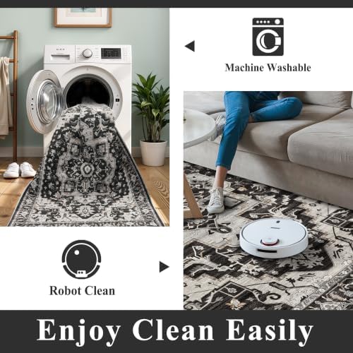 Washable 2'6x12 Hallway Runner Rug: Non-Slip Long Boho Kitchen Rugs Entryway Rug Runner Soft Low Pile Carpet Indoor Vintage Floor Mat for Bedroom Bathroom Laundry (Black/Beige/Grey,2'6''x12') - Image 6