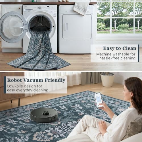 DCX Washable Blue 4x4 Round Rug Botanical Floral Rug - Image 5