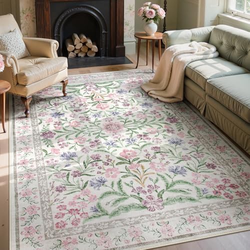 Wonnitar Floral Purple Rug for Bedroom, Washable 5x7 Area Rugs for Dorm, Boho Soft Non Slip Ultra-Thin Indoor Floor Carpet for Kids Room Nursery Living Room Classroom, Light Purple/Pink by Wonnitar