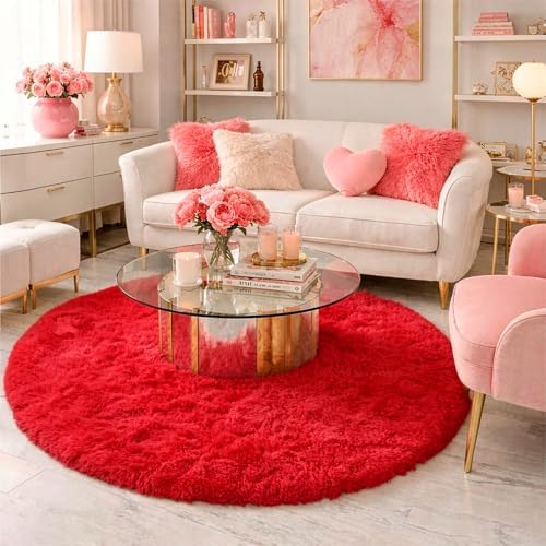 Amdrebio Red Fluffy Round Rug 5Ft for Kids Boys Bedroom Living Room Nursery - Image 3