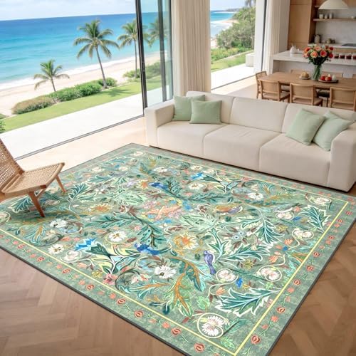 nesrt Washable 8'x10' Living Room Area Rug, Boho Jungle Bird Floral Large Indoor Rug, Soft Non-Slip Decorative Rug for Dining Room, Bedroom, Home Study, Game Room and Farmhouse Decor (Green) - Image 4