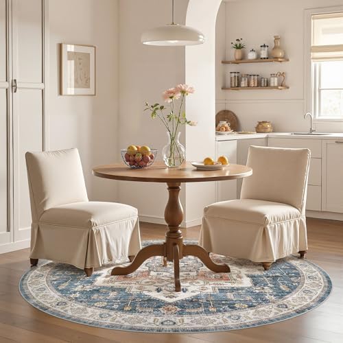 6ft Round Rug: Washable Vintage Blue Area Rugs for Living Room - Image 4