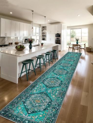 SERISSA 2'6"x18' Washable Non Slip Boho Runner Rug for Hallway，Teal by SERISSAHomeDecorCollection