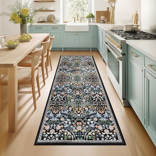 PLHXFR 2x5 Washable Runner Rug：Floral Indoor Kitchen Carpet Dark Black by PLHXFRSoftAreaRugs