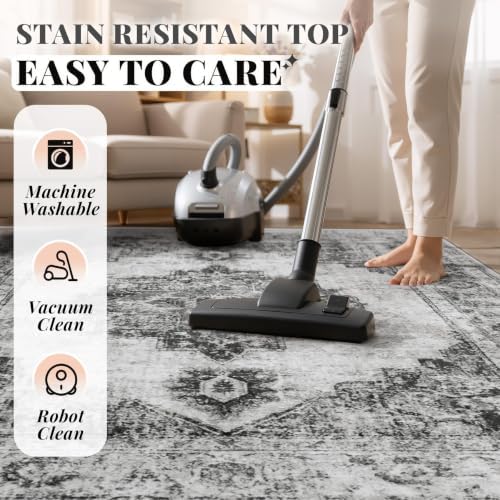 Area Rug 4x6 Vintage Rugs: Washable Indoor Medallion Rug Low Pile Distressed Floor Carpet Retro Accent Rugs for Living Room Bedroom Kitchen Dining Table Home Office(Black, 4'x6') - Image 6