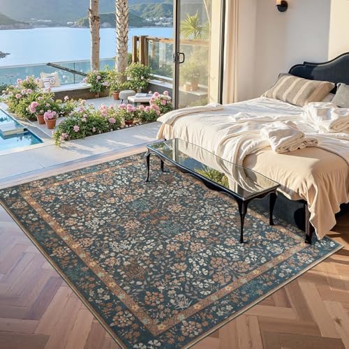 jinchan 5x7 Washable Living Room Area Rug, Vintage Floral, Dark Blue by JINCHAN