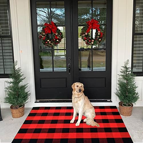 Red and Black Plaid Rug, 3'x5' Check Outdoor Front Door Decorative Mat, Cotton Woven Rug for Layered Door Mats Washable Carpet for Porch, Entryway, Farmhouse, Christmas, Halloween - Image 3