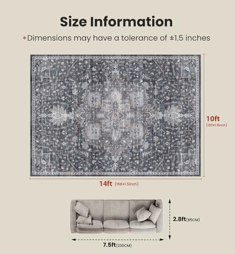Amada Large 10x14 Washable Area Rug for Living Room, Gray/Gold, Vintage - Image 2