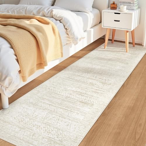 2x8 Washable Runner Rug: Moroccan Geometric Boho Rug Farmhouse Non Slip Stain Resistant Rugs Low Pile Soft Carpet for Porch Kitchen Laundry Room Living Room Bedroom (Ivory Beige,2'x8') - Image 3